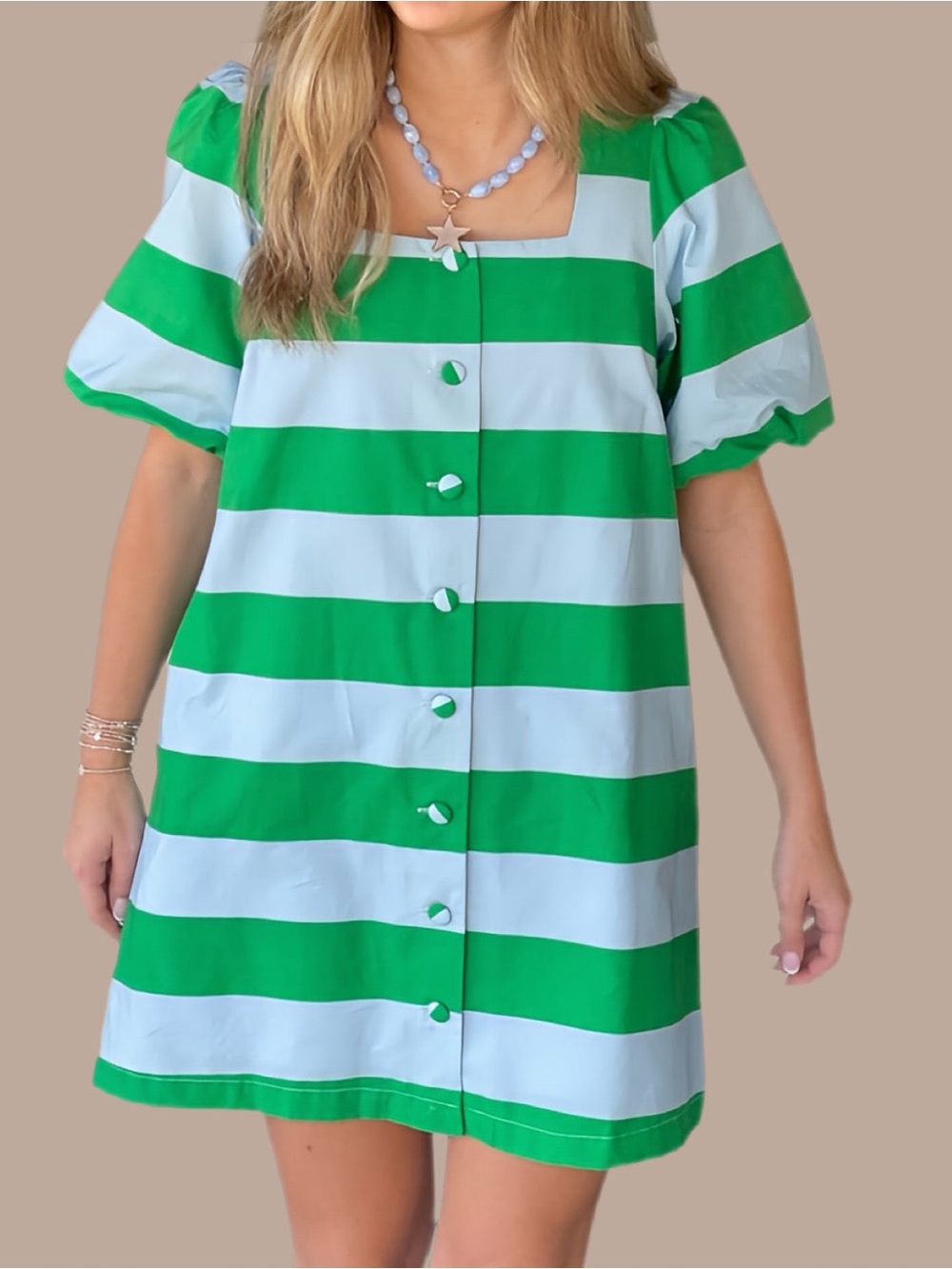 NWOT Entro Blue and Green Stripe Puff Sleeve Mini Dress Women’s size XL